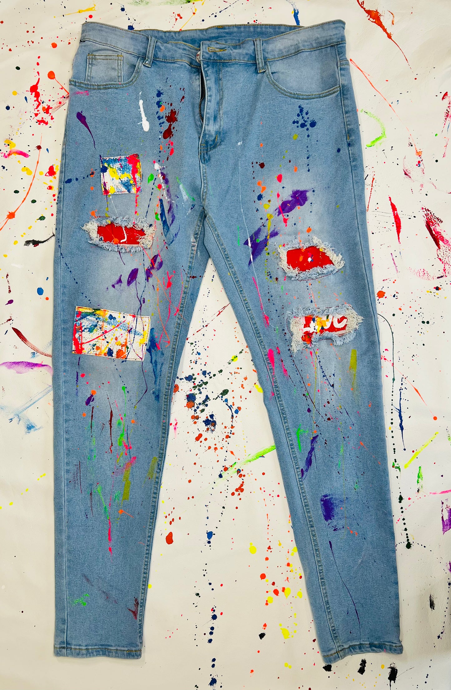 Painted Jeans with leather patches,-Alexander Boyce Studios