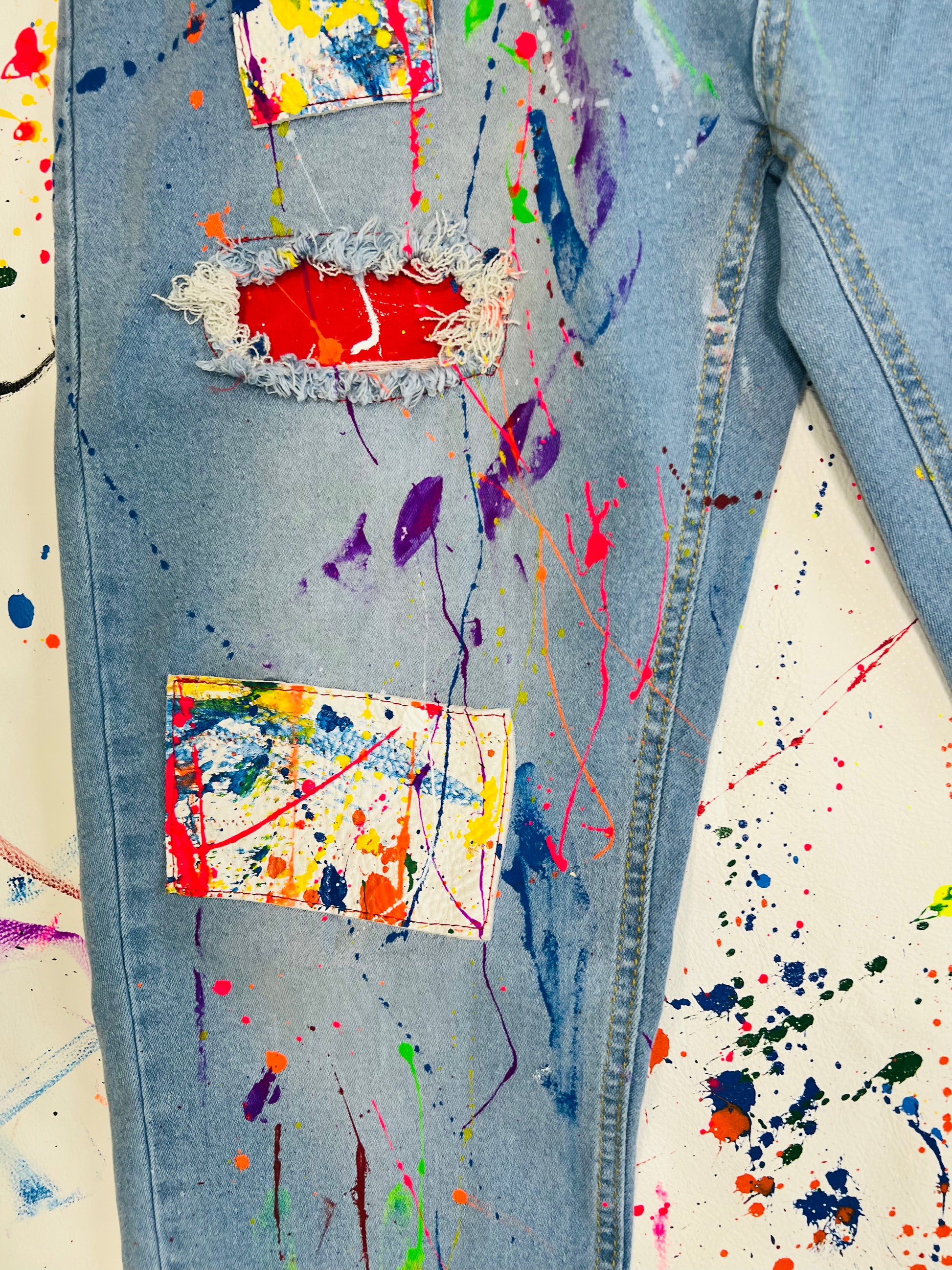 Painted Jeans with leather patches,-Alexander Boyce Studios