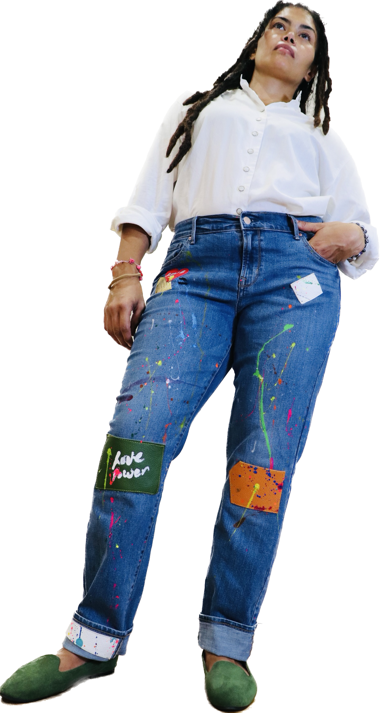 Alexander Boyce painted jeans w/ leather patches-Alexander Boyce Studios