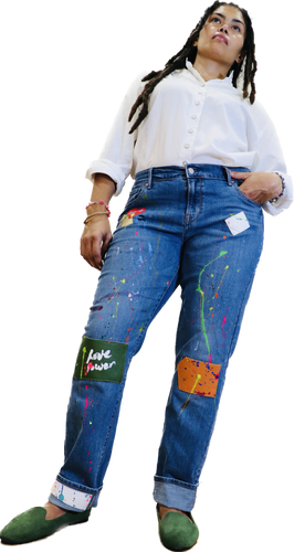 Alexander Boyce painted jeans w/ leather patches