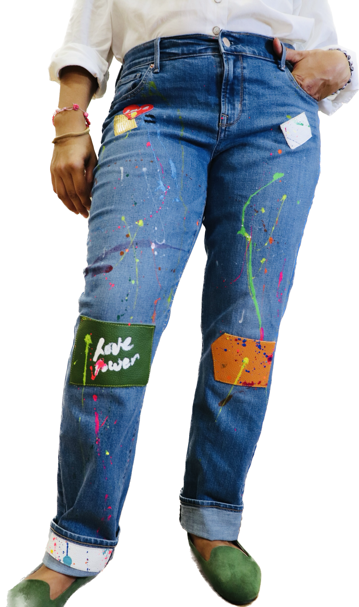 Alexander Boyce painted jeans w/ leather patches-Alexander Boyce Studios