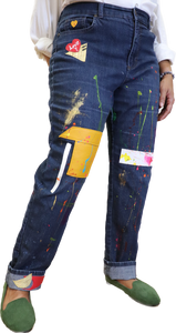 Alexander Boyce painted jeans w/ leather patches