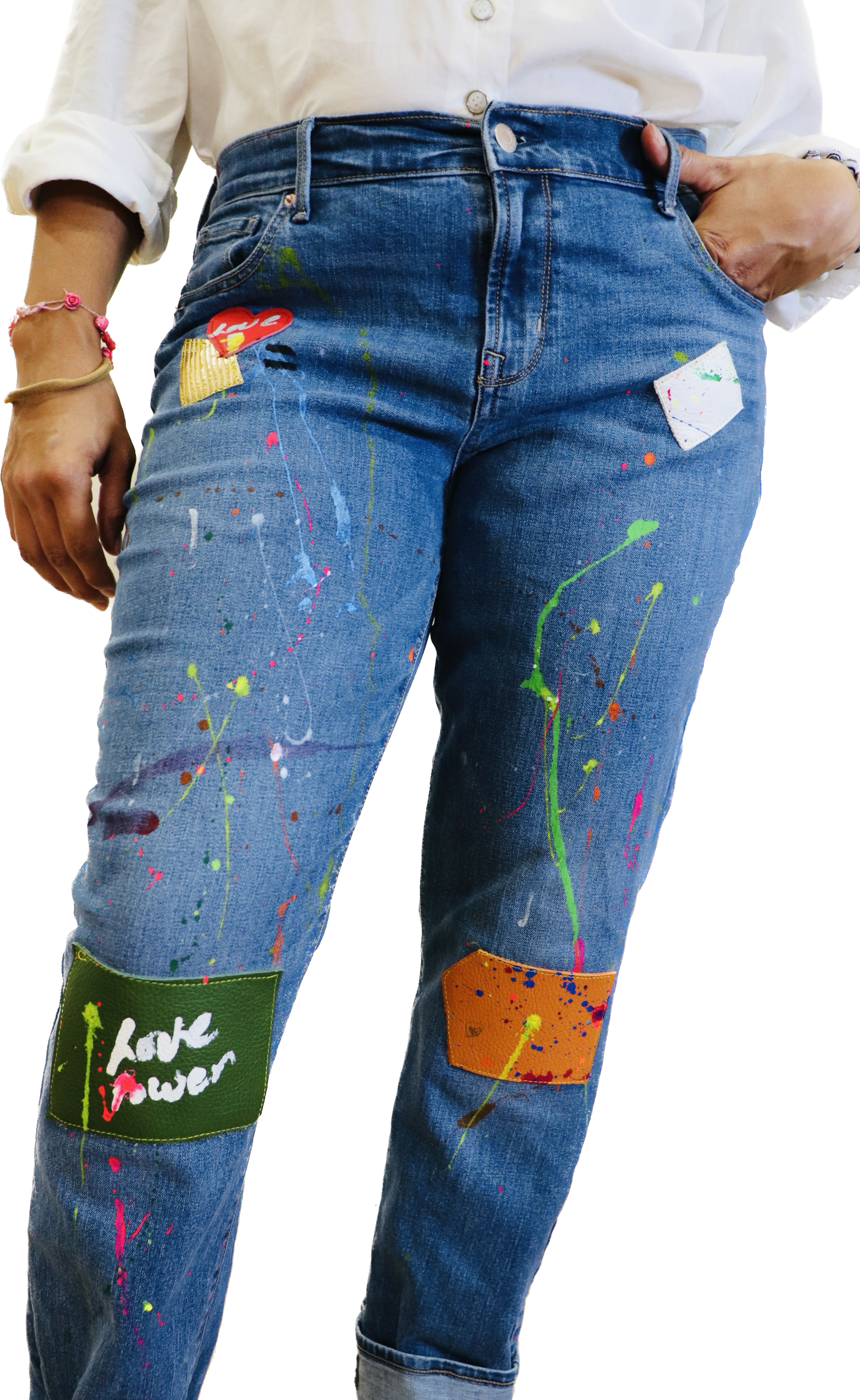 Alexander Boyce painted jeans w/ leather patches-Alexander Boyce Studios
