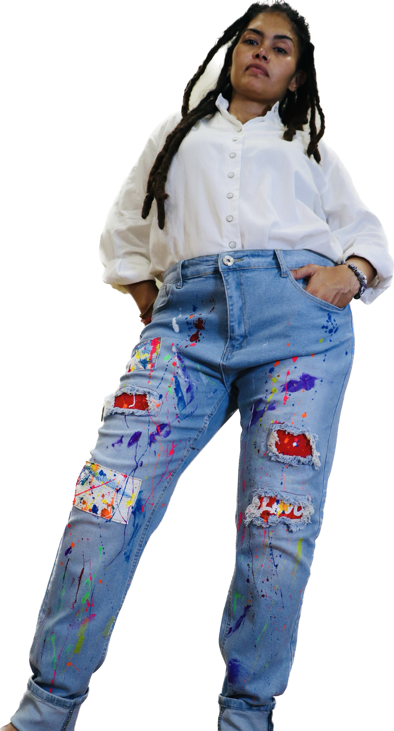 Painted Jeans with leather patches,-Alexander Boyce Studios