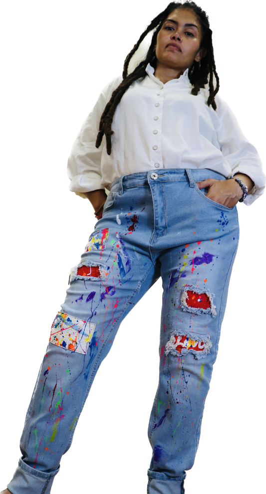 Painted Jeans with leather patches,-Alexander Boyce Studios