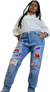 Painted Jeans with leather patches,