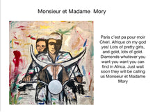 Load image into Gallery viewer, Monsieur et Madame Mory is an Alexander Boyce original artwork. The piece was inspired by the 70s Senegales film &quot;Touch Book&quot;.   The artwork like the movie tells a story of two young lovers and their trials as they pursue they dreams of a better life.  The piece was originally created in 2018, and was exhibited at FIT &quot;Black in Time&quot; Black History Month Exhibit in 2020  The Artwork is 48&quot; X 48&quot; and was created on wood panel using acrylic paints and other mediums including pencil and inks.